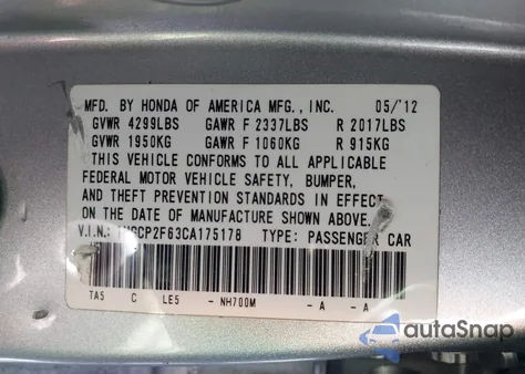 2012 Honda Accord 2.4 Se from USA, damaged, VIN 1HGCP2F63CA175178